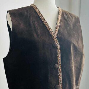 Vintage Tellement Vous Dark Chocolate Suede Vest with Giraffe Print Trim – US 14